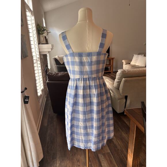 J.Crew Linen Blend Blue White Gingham Check Button Up Lined Sun Dress Sz 4 Midi - Picture 6 of 10